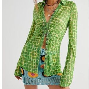 Free People Green Patterned Button Down Shirt
